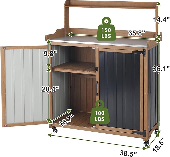 Ketive Outdoor Potting Bench with Storage, Potting Table with Metal Top, Garden Workstation Cabinet with Shelf, Rolling Outdoor Work Table for Backyard Patio Gardening