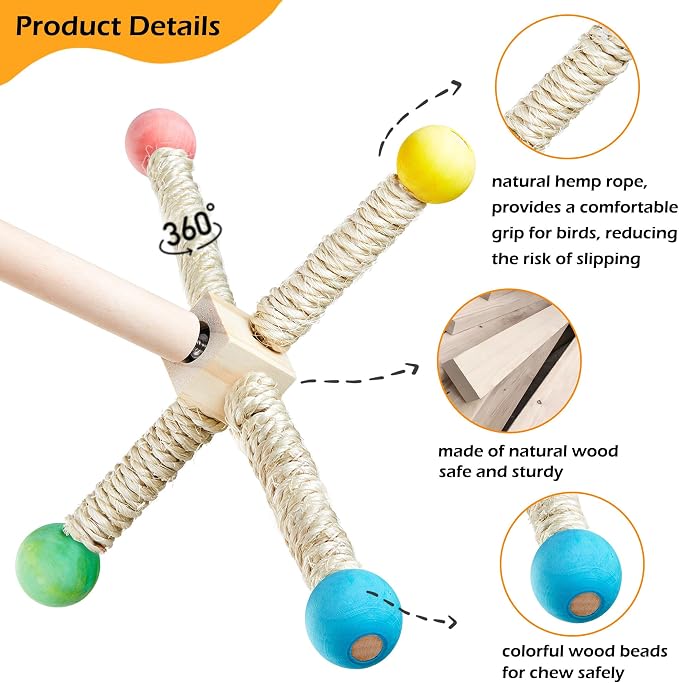 Large Bird Perch Toy, Interactive Wooden 360° Spinning Cage Toy(L) | Exercise Wheel Quaker Toy, Enrichment Bird Cage Accessories Perch Toys for Medium-sized Birds Cockatiel Ring-necked Caique