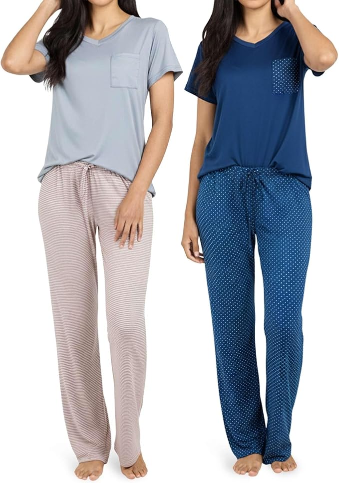 Real Essentials 2 Pack: Women's Comfy Pajama Sets - Short & Long Sleeve Ladies Loungewear Sleepwear PJs (Available In Plus)