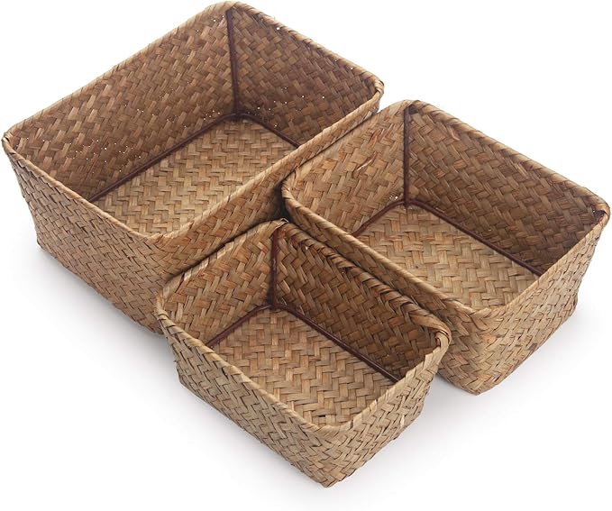 DOKOT Small Woven Wicker Open Storage, Rectangular Handmade Seagrass Baskets for Home, Bathroom Organization（Set of 3）