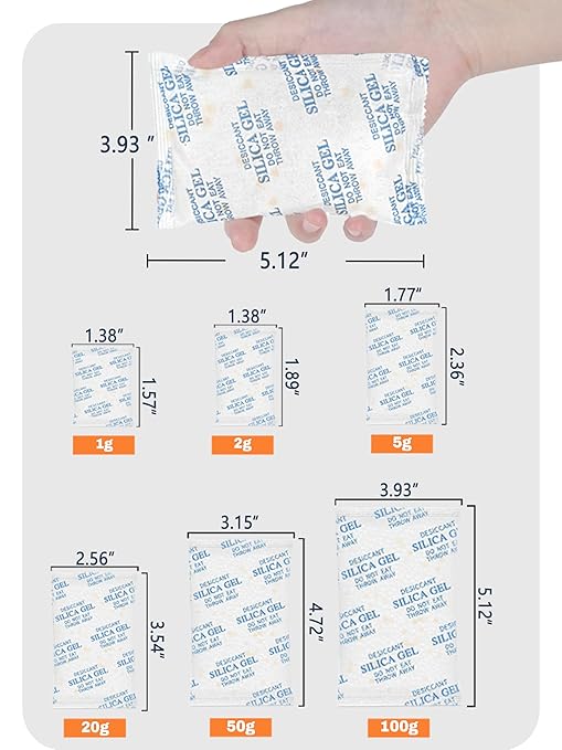 2 Gram (50 Pack) Color-Indicating Silica Gel Packets, Each 5 Pack Individually Sealed, Food Grade Desiccant - Rechargeable Moisture Absorbers for Food Storage, Electronics, 3D Filament & Safes