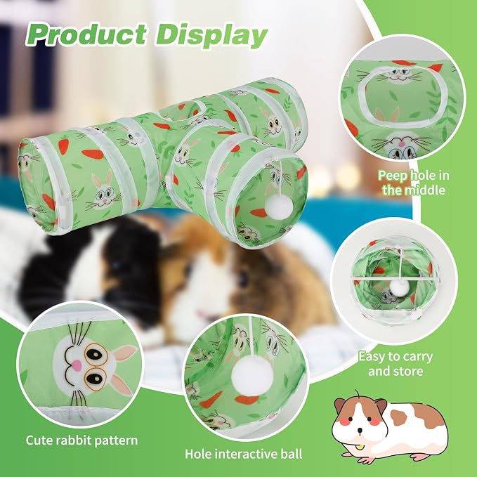 Rypet Guinea Pig Tunnel Hideout 3-Way Collapsible Small Pet Tubes, Green | 3 Way Design for Exploration, Collapsible for Easy Storage, Built-in Play Ball, Hiding & Resting for Hamsters Ferrets
