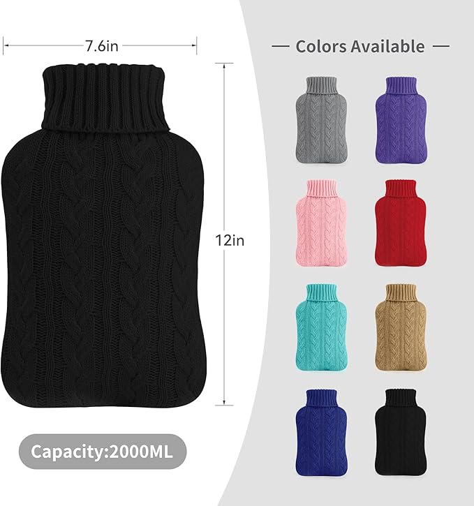 samply Hot Water Bottle with Knitted Cover, 2L Hot Water Bag for Hot and Cold Compress, Hand Feet Warmer, Ideal for Menstrual Cramps, Neck and Shoulder Pain Relief,Black
