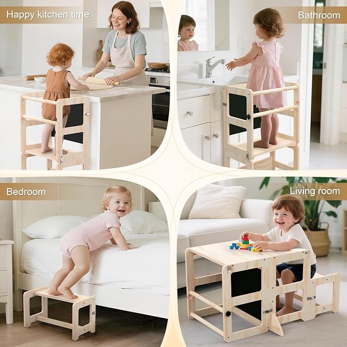 Toddler Kitchen Step Stool, 4-in-1 Foldable Standing Tower with Blackboard, Toddler Step Stool for Bathroom Sink, Kitchen Counter, Ages 18 Months+