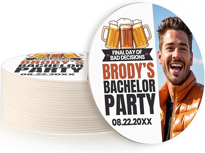 20 Pack Personalized Bachelor Party Coasters, Custom Cardboard Drink Coasters with Photo Print and Text, Fun Bachelor Party Favors and Gifts, 3.95" Round, Design 2