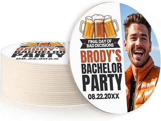 20 Pack Personalized Bachelor Party Coasters, Custom Cardboard Drink Coasters with Photo Print and Text, Fun Bachelor Party Favors and Gifts, 3.95" Round, Design 2