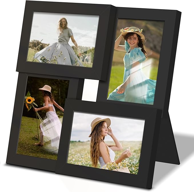 4x6 Collage Picture Frame Tempered Glass Front, Displays Four 4x6 Photo, Family Photo Collage Frame, Wall Decor Wall Hanging or Tabletop, Black