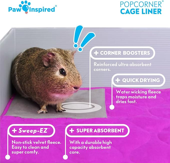 Paw Inspired PopCorner Washable Fleece Cage Liners, C&C 2x4, Pink | Reinforced Corners, Super Absorbent Mat, Bedding, Waterproof Bottom, Guinea Pigs, Ferrets, Rabbits, Hamsters, Small Animals