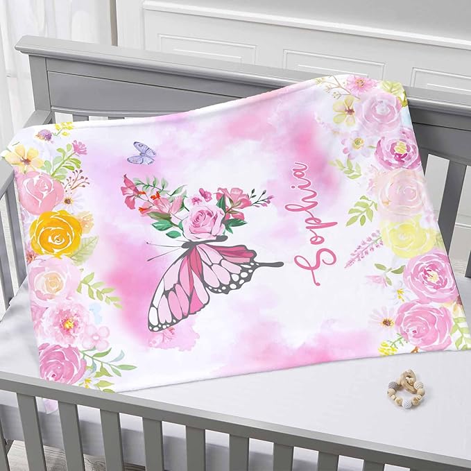 D-Story Ships Next Day, Custom Baby Blanket for Girls, Personalized Baby Gifts Butterfly Blankets, Customized Newborn Blanket with Name