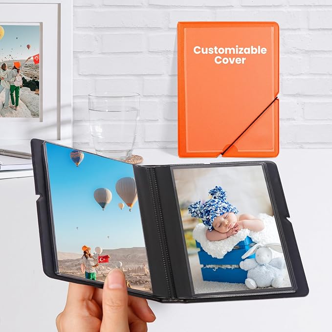 Lifting Small Photo Album 4x6 28 Pockets Plastic 4 x 6 Photo Book Album with Customizable Cover Mini Picture Album for Family Wedding Anniversary Baby Vacation (Salmon Orange)
