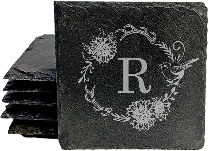 Personalized Monogram Family Coasters, Natural Stone Set, Birthday, Wedding, Customized, Rustic - Square Slate - Set of 6