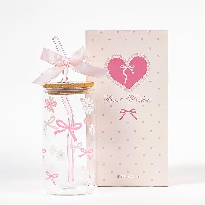 Coquette Pink Bow Daisy Glass Cup with Lids and Straws, Girly Preppy Design Tumbler Mug, Birthday Valentines Christmas Gifts for Teen Girl Women Girlfriends, Teen Girl Gifts Trendy Stuff