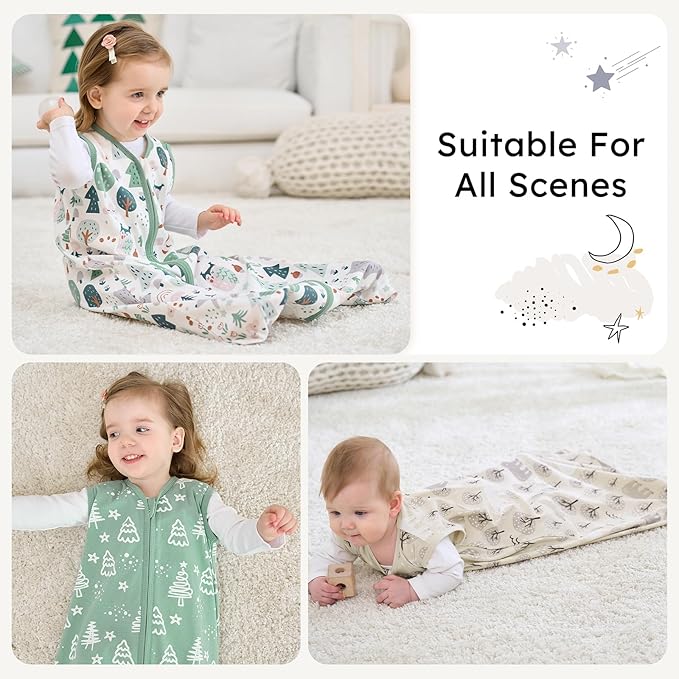 Baby Sleep Sack 18-24 months, 100% Cotton Sleeping Sack for Newborn and Infant, 3 Pack Baby Wearable Blanket for Boy and Girl, 0.5 Tog Lightweight Double Zipper Sleep Bag Green Apricot Bear