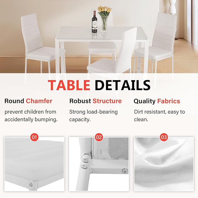 FDW | 5-Piece Dining Table Set | White | Glass Kitchen Table with 4 Upholstered Chairs and Faux Leather Cushions | Space-Saving and Modern Design | for Dining Room, Easy to Assemble