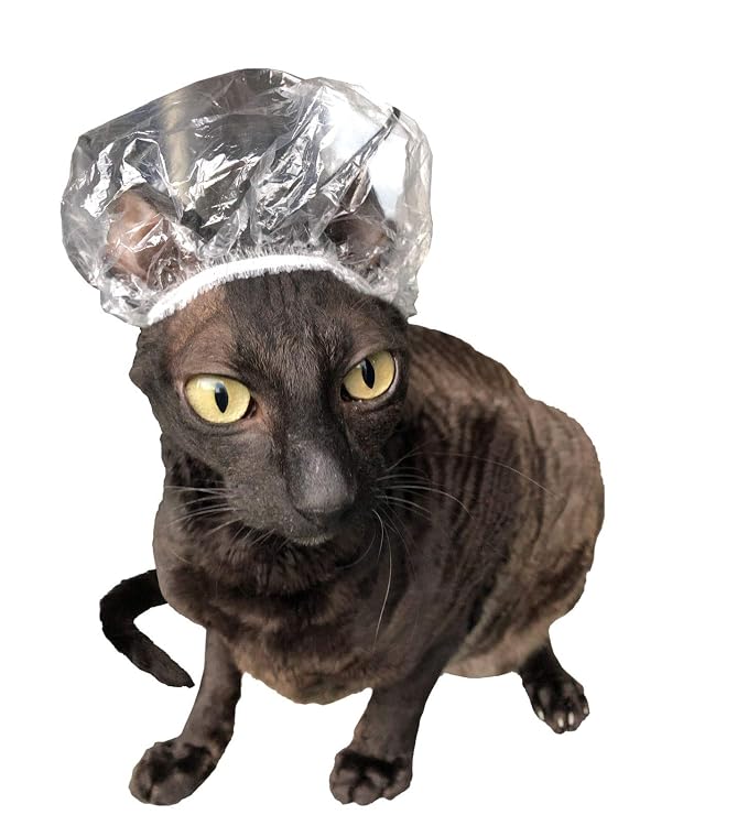 20 Transparent Shower Caps for Sphynx Cats in Decorative Tin Gift Box - Waterproof Bath Protection, Thoughtful Cat Lover Gift Set