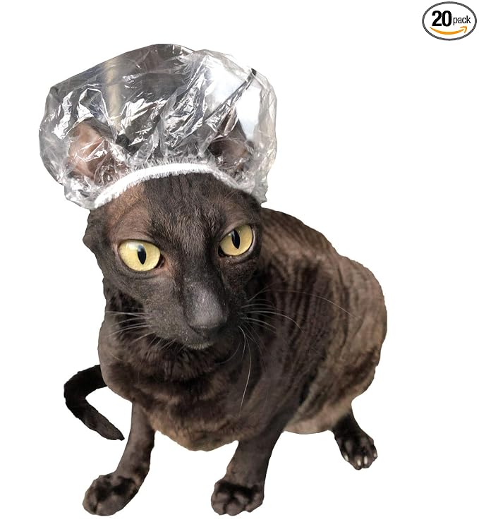Shower Caps for Sphynx Cats & Small Pets, Transparent 20-Pack Poly Bag - Waterproof Ear Protection with Elastic Band for Bath & Grooming
