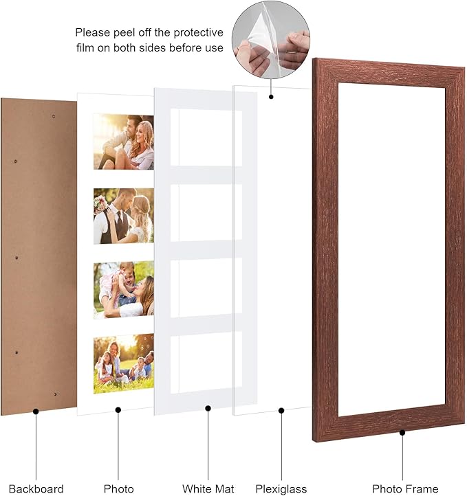 8x20 Picture Frame Display 4 opening 4X6 Picture Frame Collage,Multi Photo Frame with Mat,Plexiglass,Wall or Tabletop Decor,Walnut Wood Grain