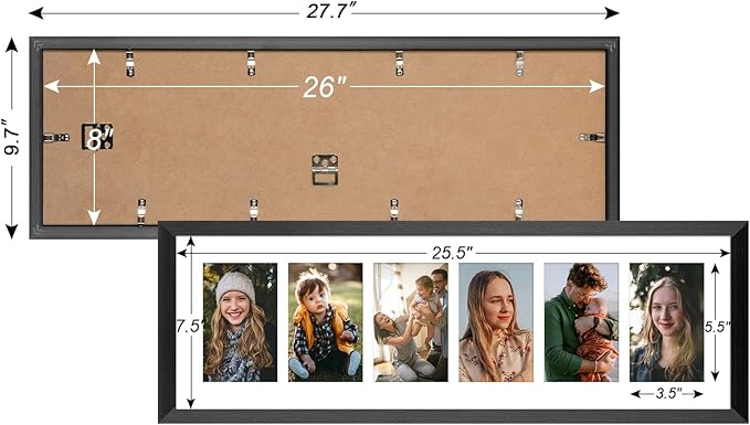 8x26 Collage frame with 6 Openings 4X6 Pictures, Multiple Picture Frame with Mat, Wall or Tabletop Decor, Black Wood Grain (1 Pack)