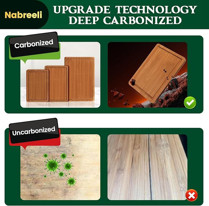 Bamboo Cutting Boards Set (3 Sizes) with Non-Slip Feet, Juice Groove & Handles - Non-Toxic Wood Chopping Boards for Meat, Veggies - Ideal Kitchen Gift for Home(S+M+L)
