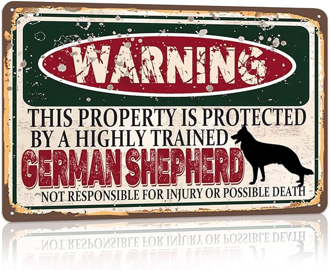 Vintage German shepherd Metal Sign Wall decor | Warning this property is protected by a highly trained German shepherd Sign Funny Tin Signs 12x8 Inch