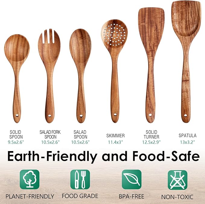 Wooden Spoons for Cooking, 6-Piece Natural Teak Wood Cooking Utensils Set – Wooden Kitchen Utensils Set with Smooth Finish Comfort Grip, Nonstick Safe Non-Toxic Wooden Cooking Tools by HOWHONG