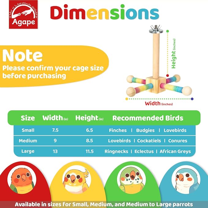 Agape 360° Rotating Bird Perch Stand, Wooden Parrot Exercise Toy | Bird Cage Accessory for Small-Medium Birds: Parakeets, Cockatiels, Lovebirds, Conures, Finches, Budgies, Parrotlets, Quakers
