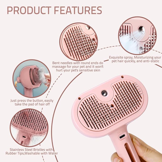Bunny Ferret Steam Brush Release Button Self Cleaning Spray Comb for Long and Short Hair Cats Rechargeable Steaming Cat Grooming Brush Steamer to Remove Loose Hair (Pink)