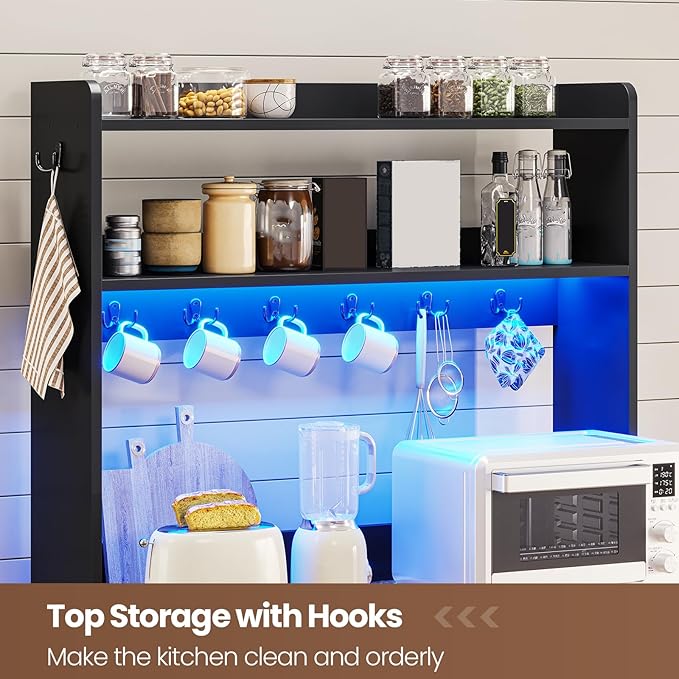 Itaar 35.4 inch Coffee Bar Cabinet, Bakers Rack with Power Outlet and Storage, Farmhouse Microwave Stand Kitchen Cabinet with Hutch, LED Lights, Wine Glass Holder and 8 Hooks, Black
