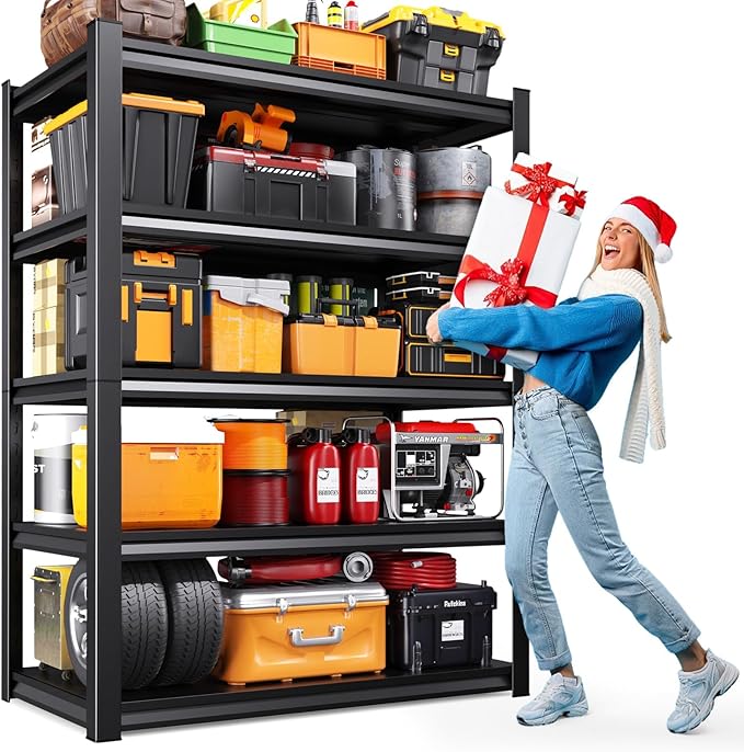 46" W Garage Shelving Heavy Duty Storage Shelves, Metal Adjustable Shelving Unit, Utility Garage Organizer Shelf for Basement, Pantry, Kitchen, Warehouse, 20" D x 46" W x 71.2" H, Black