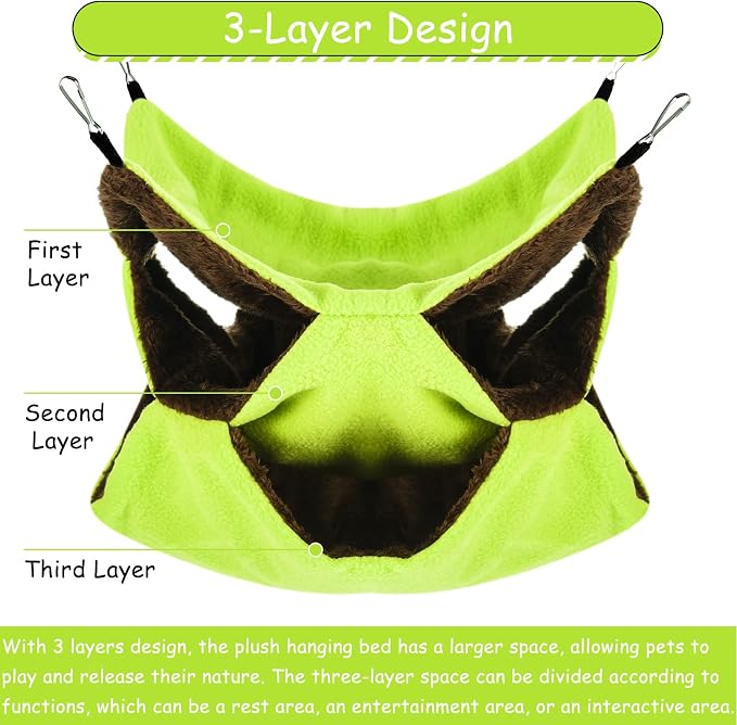 3 Tier Ferret Rat Hammock, Guinea Pig Cage Accessories, Green | Rat Hammock for Cage, Pet Cage Hanging Hammock, Small Animals, Guinea Pig, Ferret, Kitten, Squirrel, Chinchilla, Rat, Parrot
