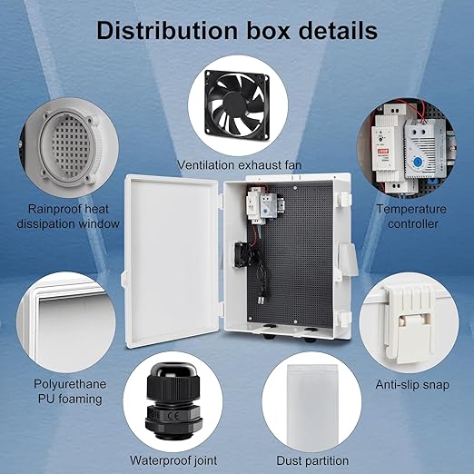 Outdoor Electrical Box with Thermostat and Fan, ABS Water Resistant Enclosure with Internal Mounting Panel & Hinged Cover,16" H* 12" L* 5.9" W Plug & Play.
