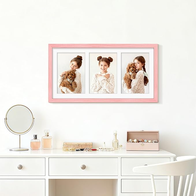 8x16 Collage Picture Frame 5x7 Collage Picture Frame Displays Three 5x7 inch Photos or 8x16 (Without Mat) for Available Horizontal Wall Mounting Display and Vertical Pink