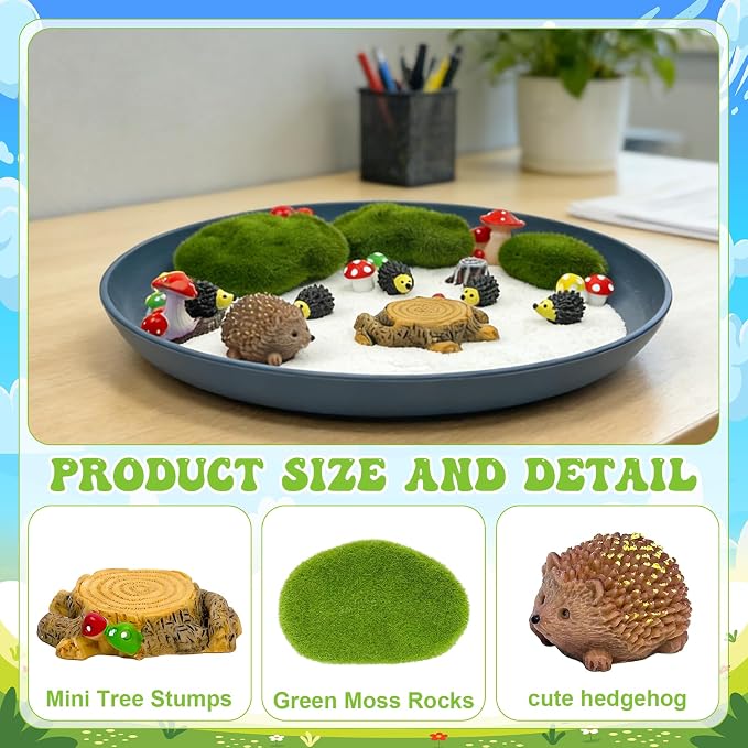 24 Pcs Hedgehog Zen Garden with Tray Sand Tools and Accessories | Micro Landscape Ornaments Suitable for Hedgehog Decor Meditation Room Office and Home Tools for Relaxation and Mindfulness