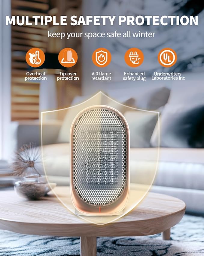 Space Heater, Portable Small Heaters for Indoor Use, Electric Desk Heater with Overheat and Tip-Over Protection, Mini Personal Heaters for Home Office Workspace, White