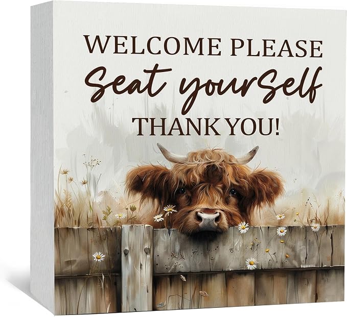 Highland Cow Bathroom Decor Sign - Farmhouse Western Animal Bathroom Decor,Rustic Farm Animal Welcome Please Seat Yourself Thank You Signs,Highland Cow Gifts for Women Signs & Plaques