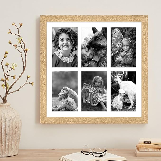 13x13 Collage frame with 6 Openings 4X6 Pictures, Multiple Picture Frame with Mat, Wall or Tabletop Decor, Natural Wood Grain,2 Pack