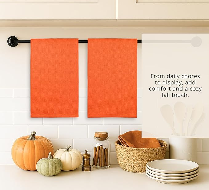 PurpleEssences Waffle Weave Kitchen Towel, 100% Cotton - 15x25 Inches, with Hanging Loop Ultra Soft Absorbent Quick Drying Dish Cloth, Tea and Hand Towels, 6 Pack - Christmas Holiday Winter - Orange