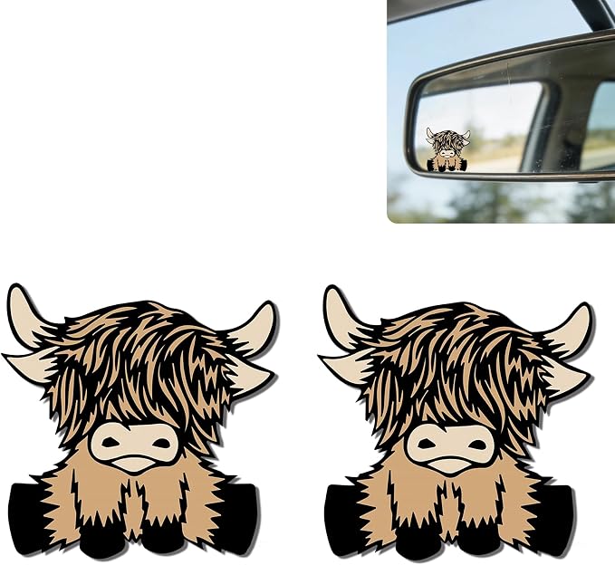 2Pack Cows Car Vinyl Sticker and Decal for Rear View Mirror | Cute Highland Cow Mirror Sticker Waterproof,Car Accessories Decor,Cow Gifts for Women Men,Laptop Bathroom Mirror