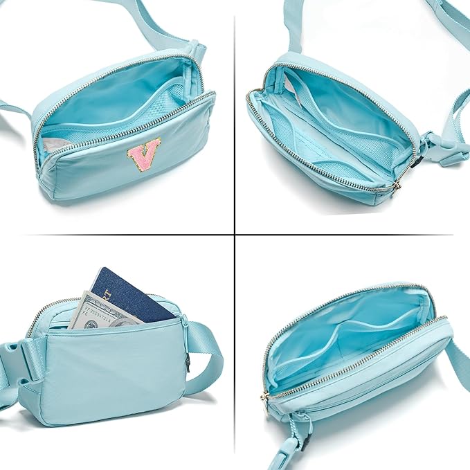 Gitus Gifts for 7 8 9 10 11 Year Old Girls Belt Bag Fanny Pack Crossbody Bags with Initial Letter Patch Birthday Gifts for Daughter Sister Friends Teen girls (Icing Blue-V)