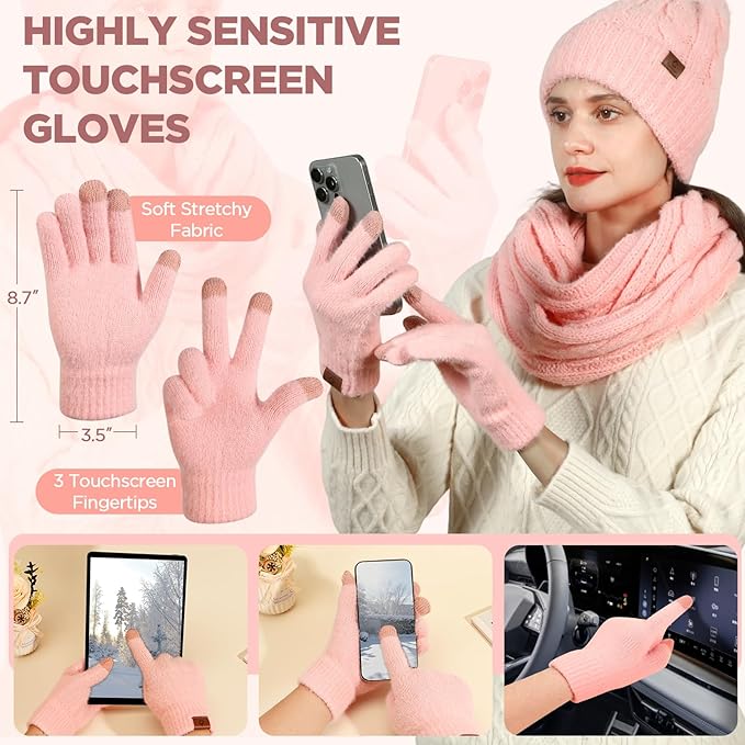 Womens Beanie Hat Infinity Scarf Touchscreen Gloves Fleece Headband 4 in 1 Winter Clothes Set Gifts for Women