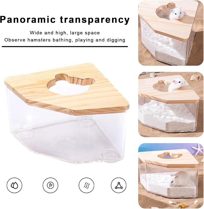 Large Hamster Sand Bath, Hamster Dust Bath House, Hamster Digging Box, with Wood Cover, Hamster Litter Box Multiple Colors, Sand Bath Container for Small Pets Clear