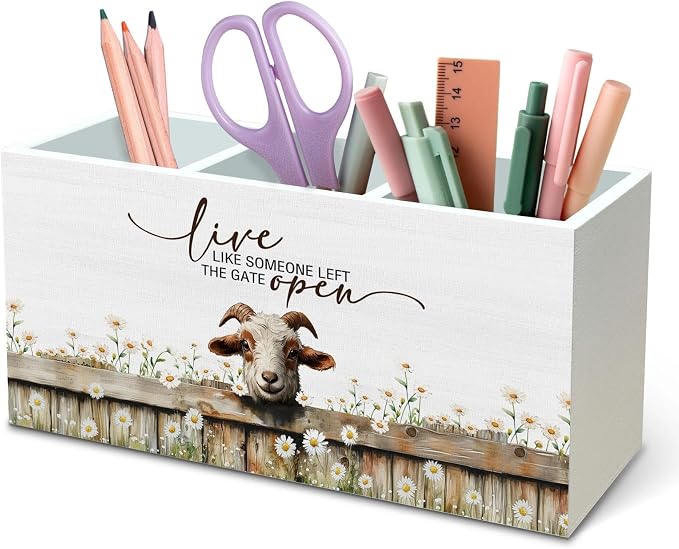 DILSJ Goat Inspirational Pen Pencil Holder Organizer for Desk, Gifts for Goat Lovers Women, Live Like Someone Left the Gate Open Wooden Box Signs for Home Office Desk Tabletop Decoration