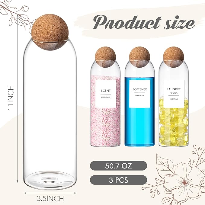 3 Pcs Glass Laundry Detergent Dispenser with Cork Lids Liquid Detergent Containers 50.7 oz Powder Storage for Scent Booster Powder Dryer Balls Beads