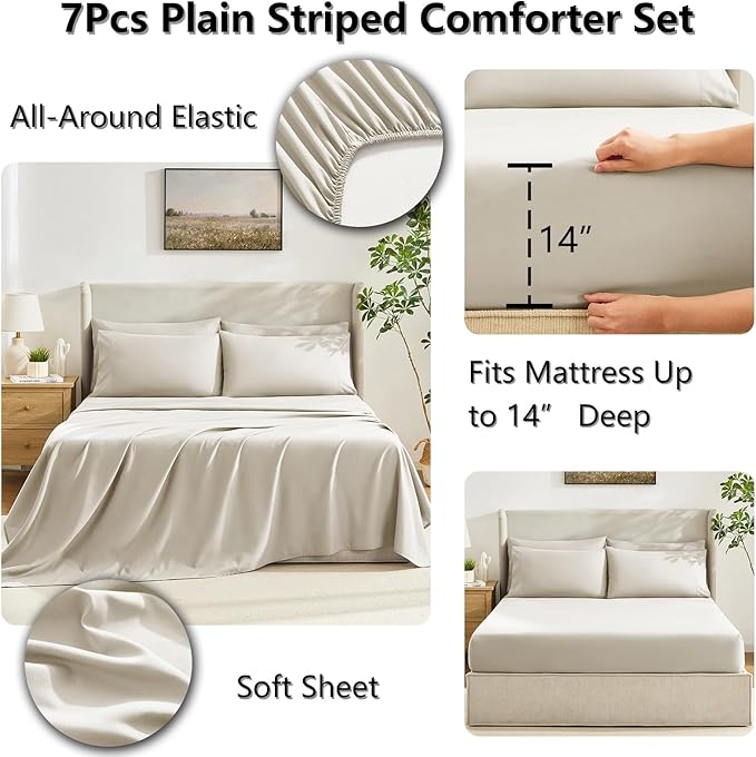 CozyLux Queen Comforter Set Oatmeal, 7 Pieces Bed in a Bag, Oatmeal Comforter Queen Size, All Season Bedding Sets with Stitch Quilted Comforter, Flat Sheet, Fitted Sheet, Pillowcases
