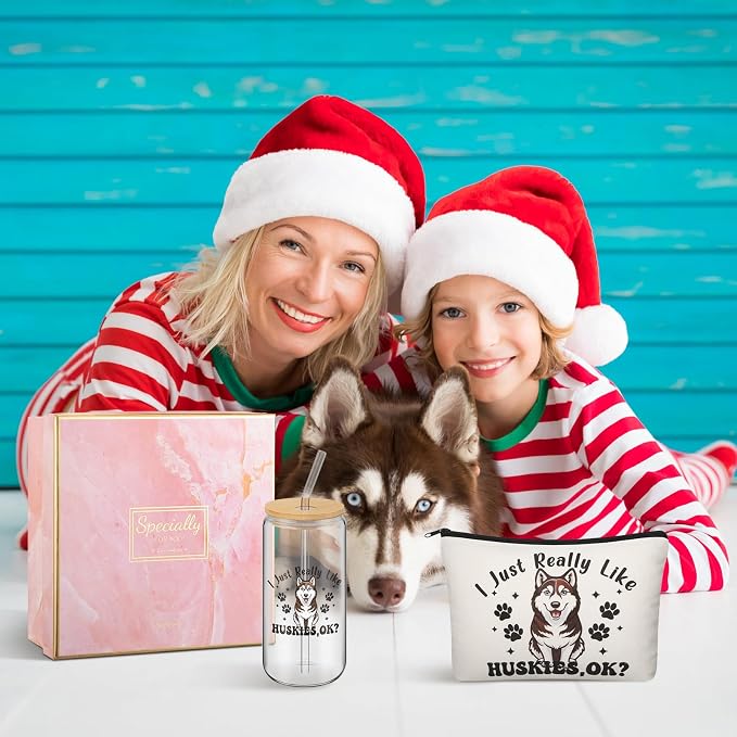 Kacctyen 5 Pcs Christmas Husky Gifts for Women Husky Dog Lover Gifts 16oz Glass Cup Tumbler with Lid Straw Makeup Cosmetic Bag Pocket Mirror Sock for Dog Mom Animal Lovers Birthday Party Favors