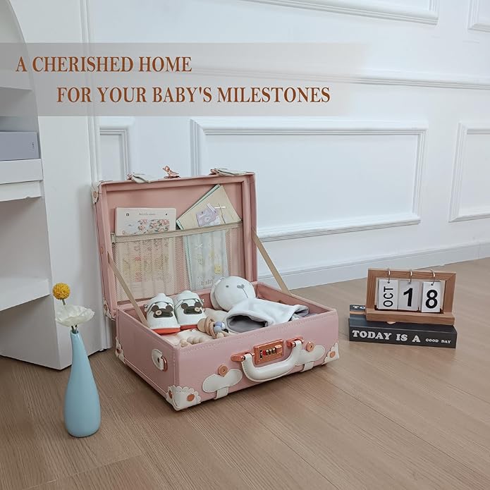 Unitravel Baby Keepsake Case, Handmade Memory Storage Box, Newborn Keepsake Box, Vintage Suitcase for Baby Shower, Baptism, Naming Ceremony or Birthday