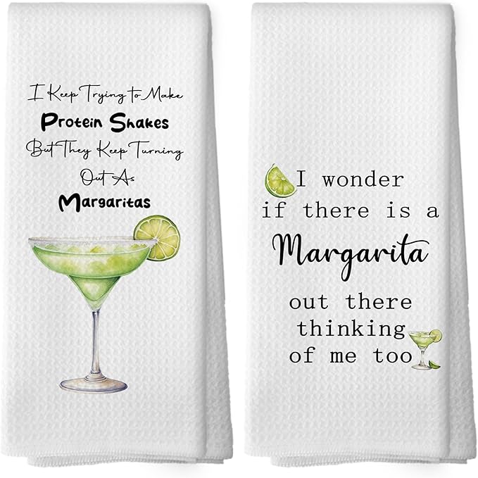Funny Margarita Kitchen Towels Set of 2, Bar Towels for Kitchen, Margarita Lovers Gift I Keep Trying to Make Protein Shakes Hand Towel, Margaritas Bar Cart Decorative Tea Towel 16x24 Inch