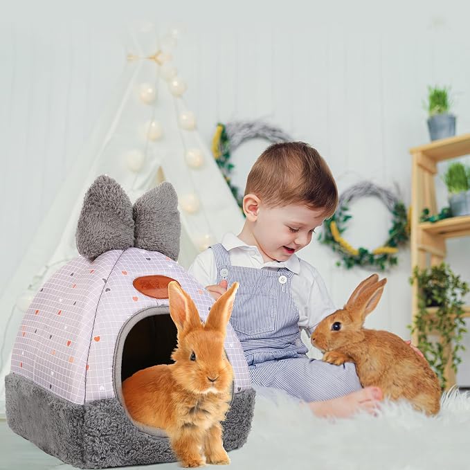 Bunny Bed Hideouts House Ferrets Rats Hedgehogs Chinchilla Cage Accessory for Rabbit Guinea Pig Hamster Cozy and Warm Rabbit Bed with Cute Bowknot Rabbits Hamster Bunny Grey Grid ﻿