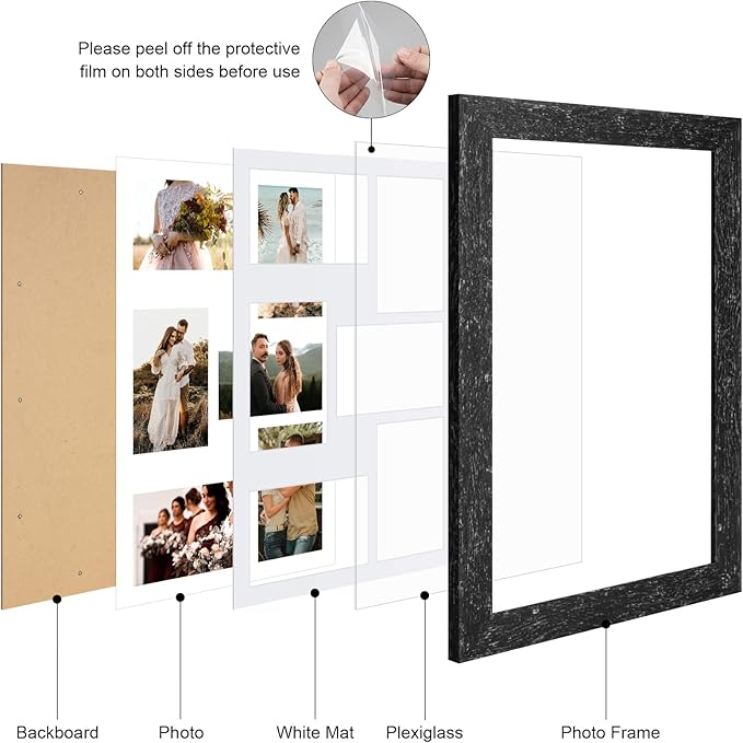 11x17 Picture Frame Display 6 picture frame collage 4x6,Multi Photo Frame with Mat,Plexiglass,Wall Mount Decor,Black Wood Grain