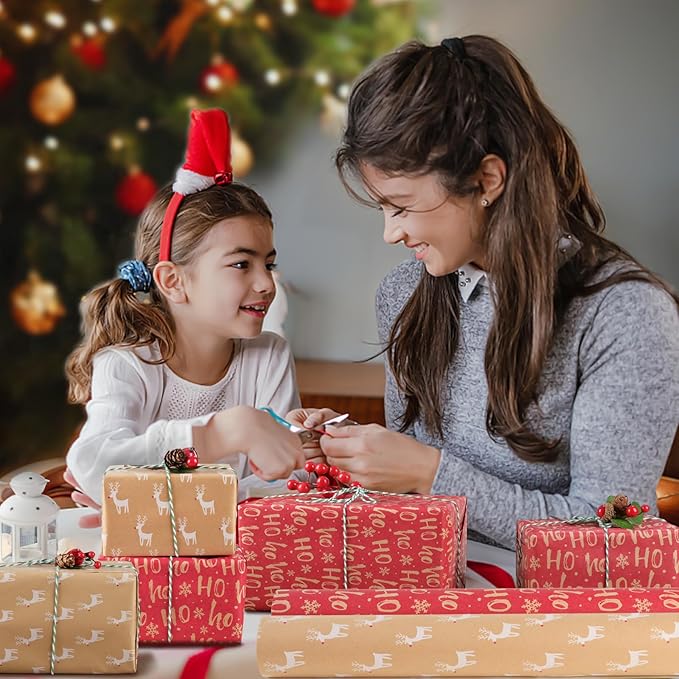 AhfuLife 2 Rolls Christmas Wrapping Paper - 17 Inch × 49.2 Feet Per Roll, Recyclable Red Brown Kraft Xmas Wrapping Paper Roll for Kids Christmas Gift Box Birthday Party Decoration -138 sq. ft. ttl